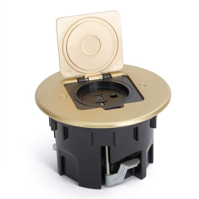 Round Single Receptacle Drop In Floor Box – Brass Cover